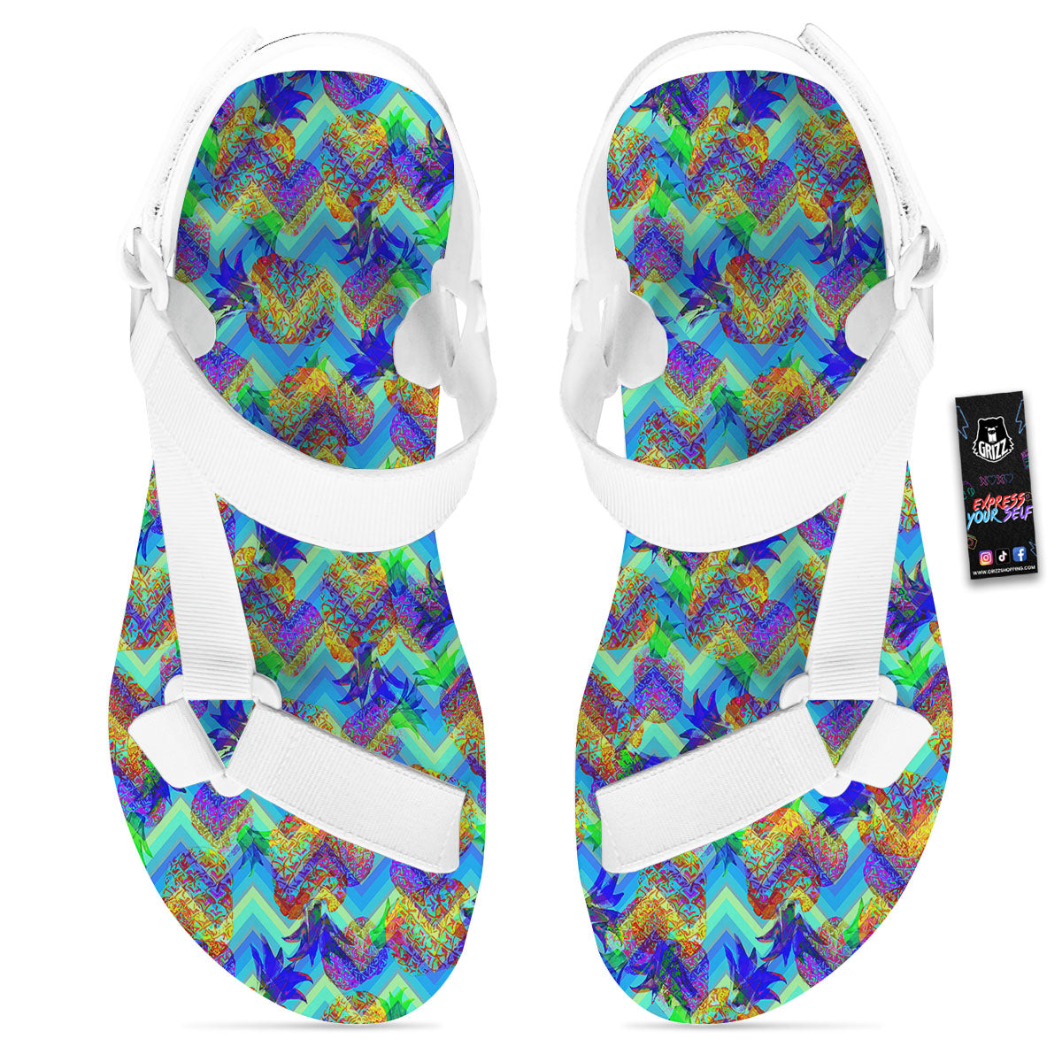 Zig Zag Pineapple Neon EDM Print Pattern White Open Toe Sandals-grizzshop