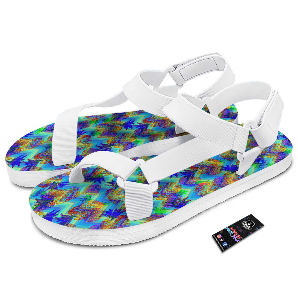 Zig Zag Pineapple Neon EDM Print Pattern White Open Toe Sandals-grizzshop