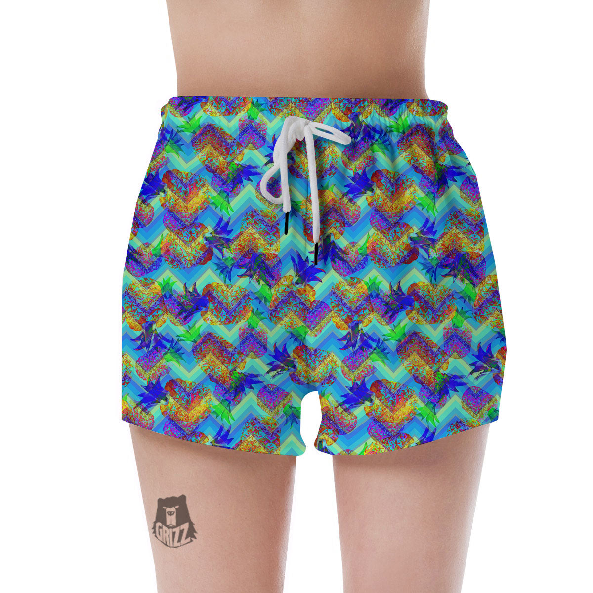Zig Zag Pineapple Neon EDM Print Pattern Women's Shorts-grizzshop