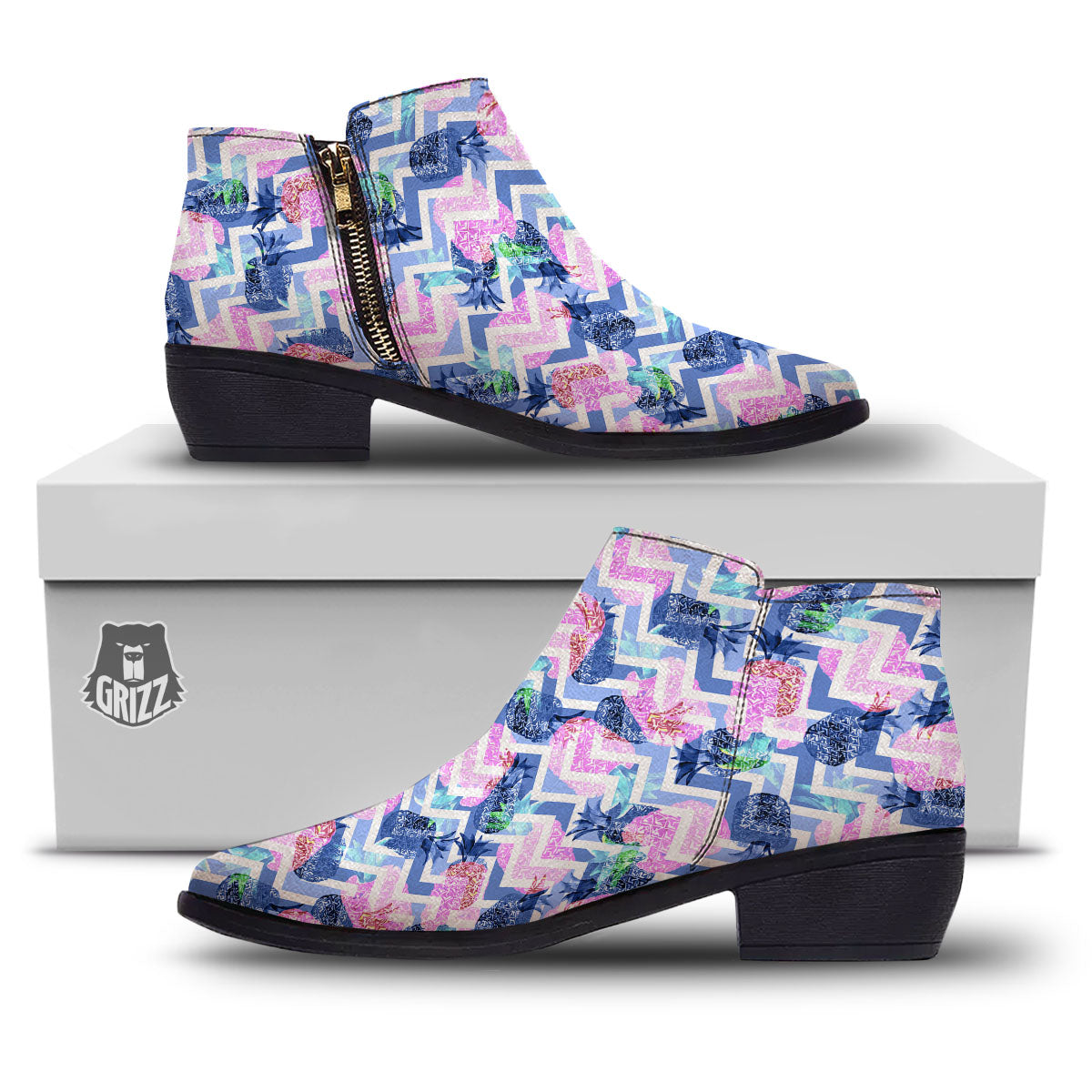 Zig Zag Pineapple Purple Print Pattern Ankle Boots-grizzshop