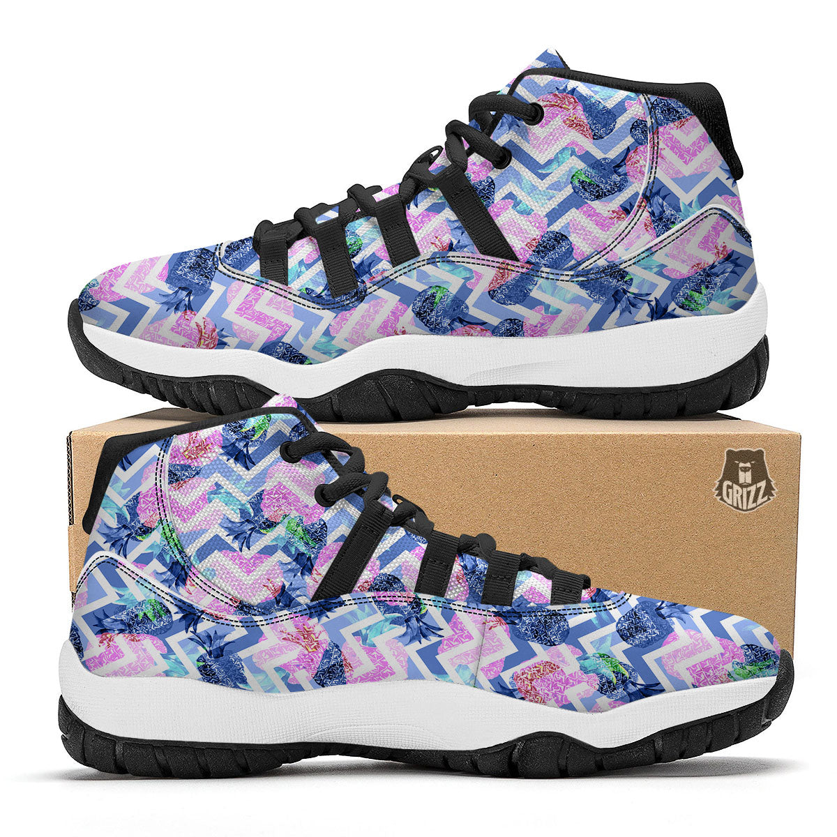 Zig Zag Pineapple Purple Print Pattern Black Bball Shoes-grizzshop