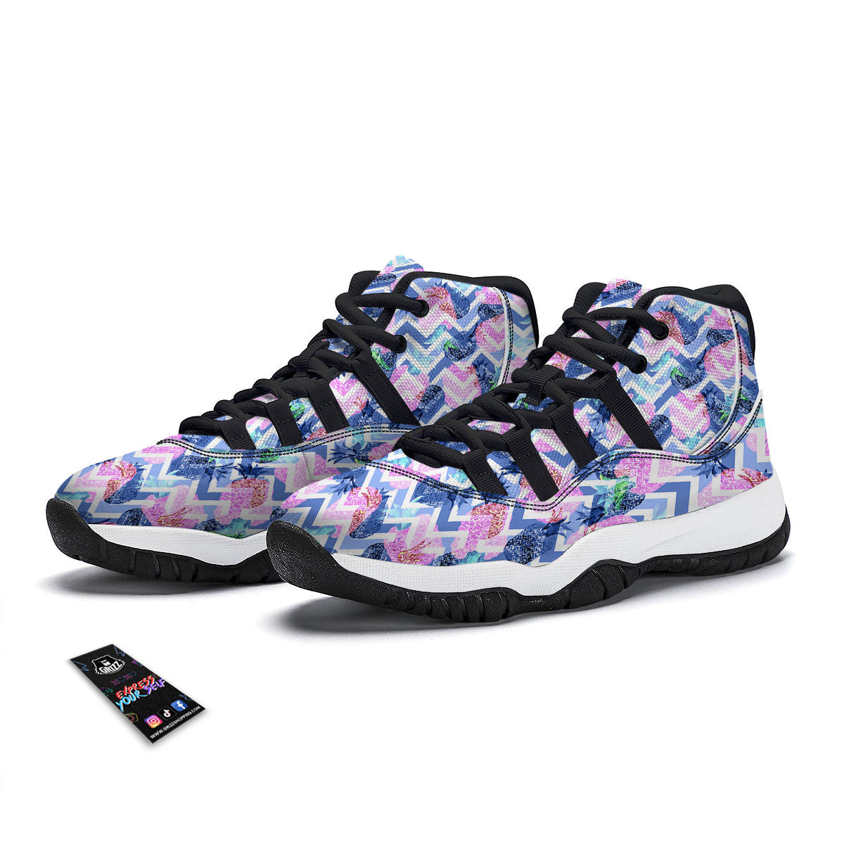 Zig Zag Pineapple Purple Print Pattern Black Bball Shoes-grizzshop