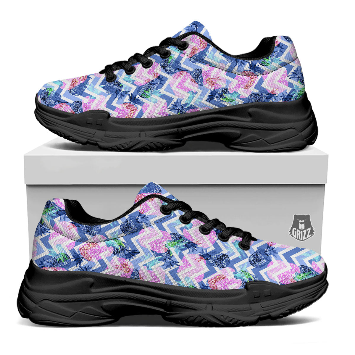 Zig Zag Pineapple Purple Print Pattern Black Chunky Shoes-grizzshop