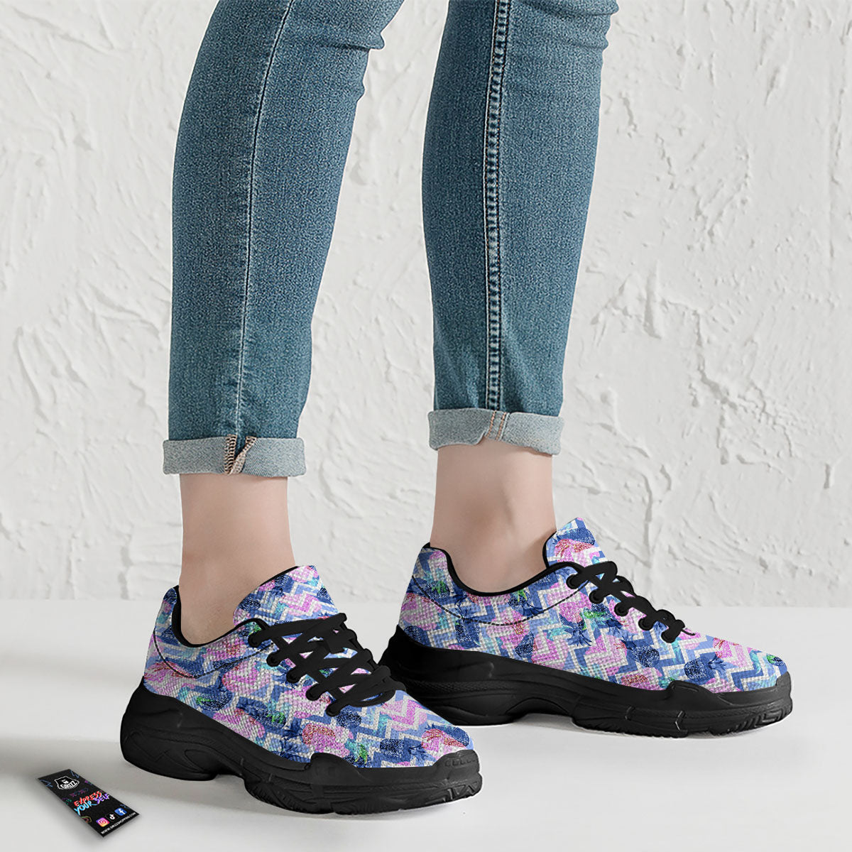 Zig Zag Pineapple Purple Print Pattern Black Chunky Shoes-grizzshop