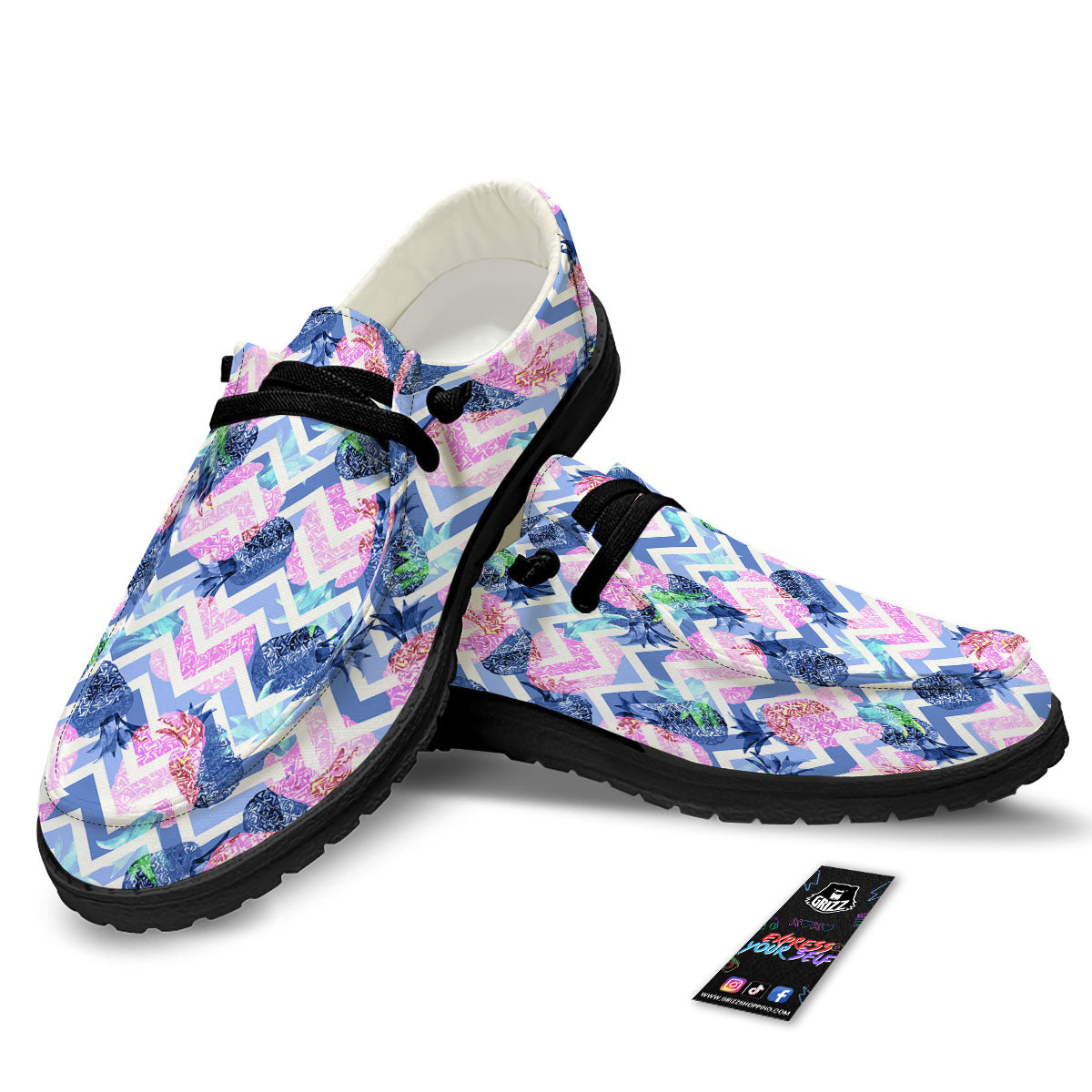Zig Zag Pineapple Purple Print Pattern Black Loafers-grizzshop