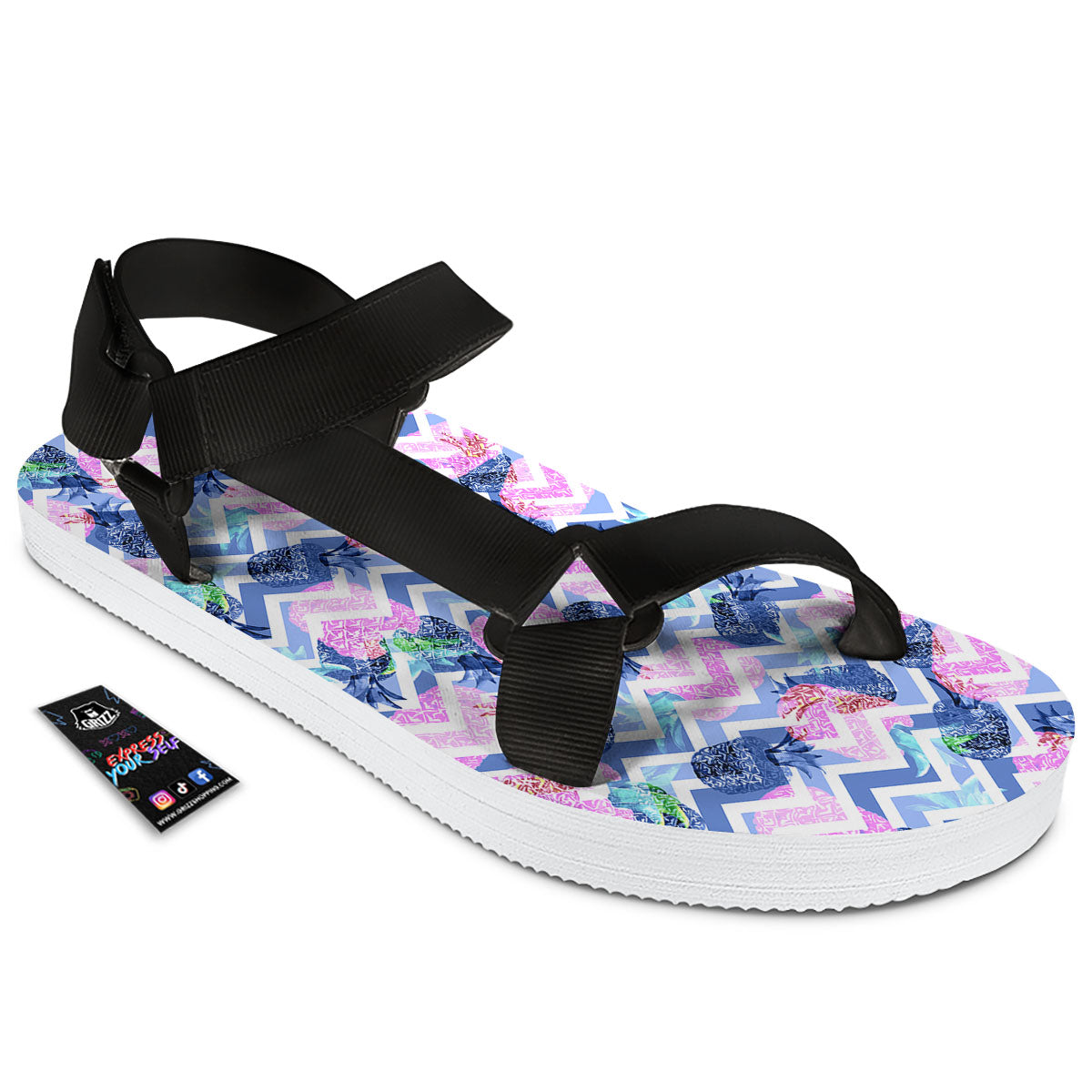 Zig Zag Pineapple Purple Print Pattern Black Open Toe Sandals-grizzshop