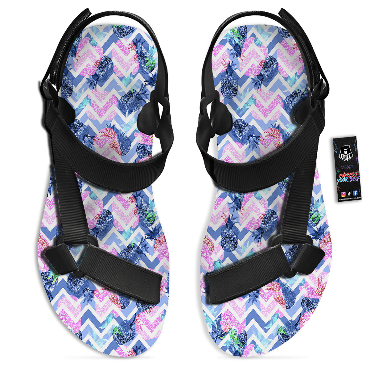 Zig Zag Pineapple Purple Print Pattern Black Open Toe Sandals-grizzshop