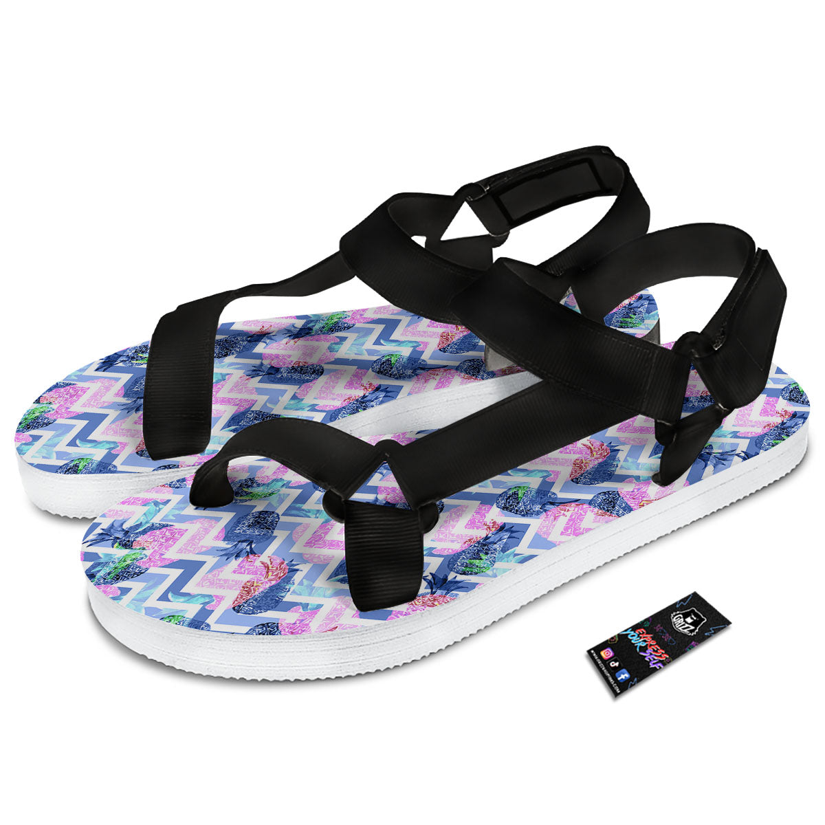 Zig Zag Pineapple Purple Print Pattern Black Open Toe Sandals-grizzshop
