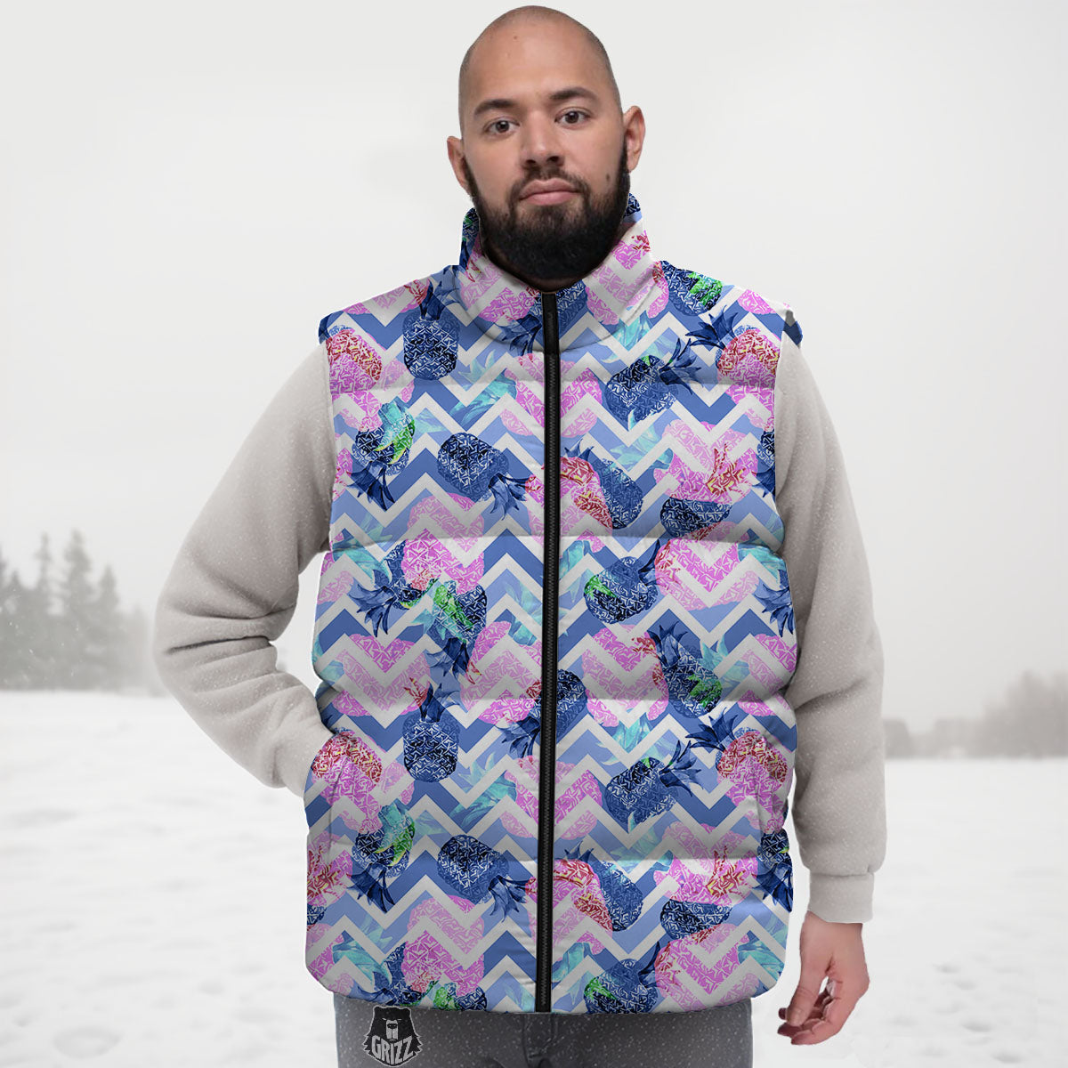 Zig Zag Pineapple Purple Print Pattern Down Vest-grizzshop