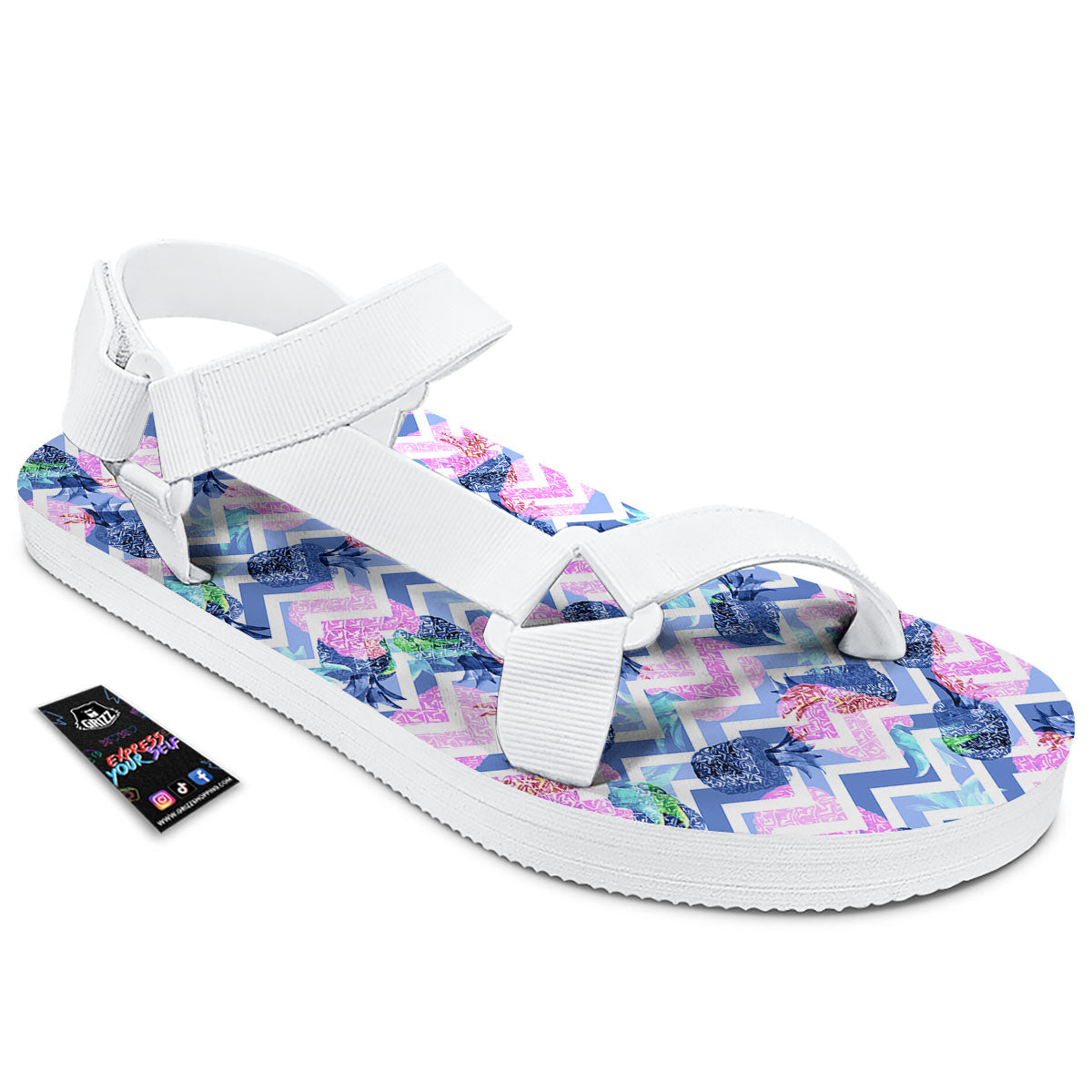 Zig Zag Pineapple Purple Print Pattern White Open Toe Sandals-grizzshop