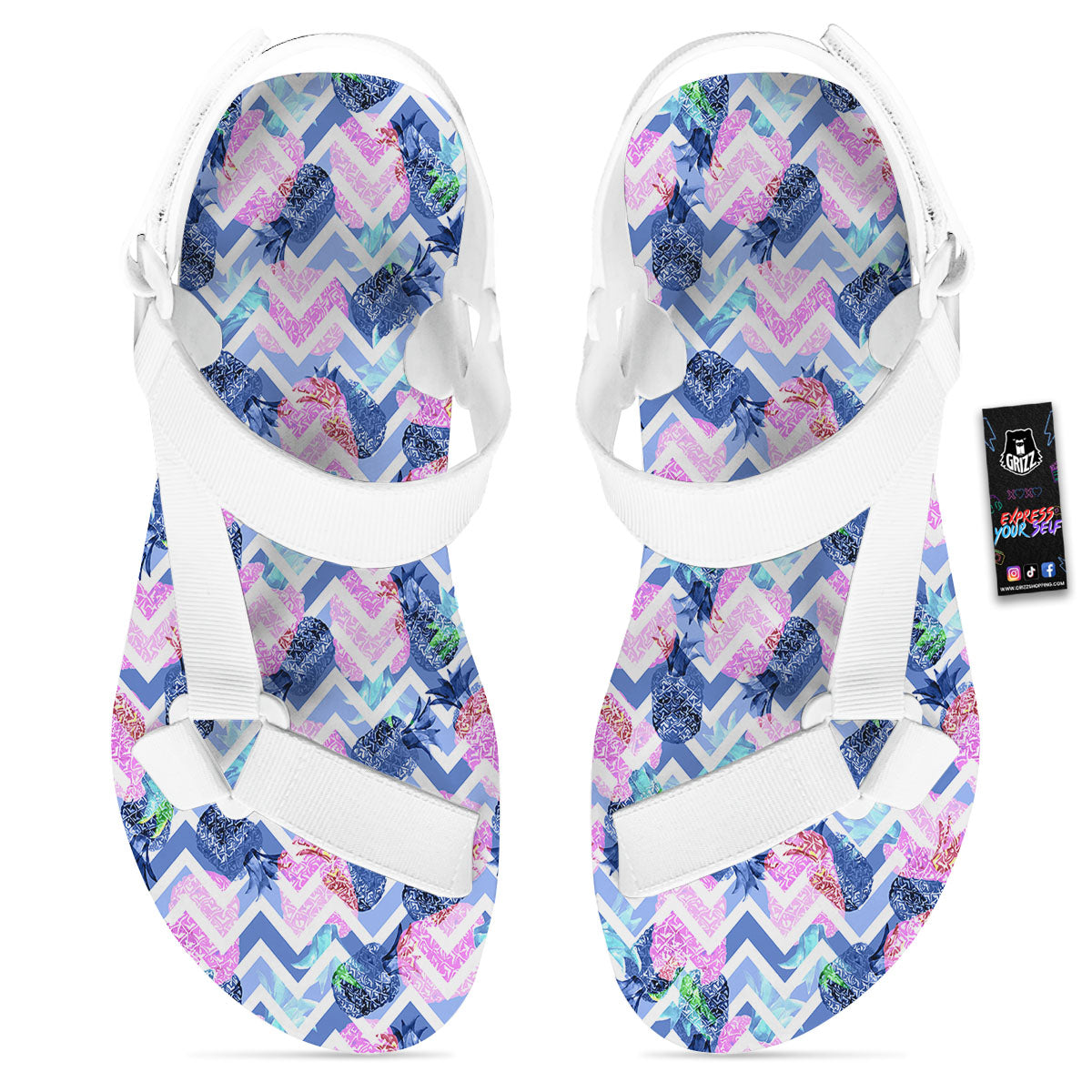 Zig Zag Pineapple Purple Print Pattern White Open Toe Sandals-grizzshop