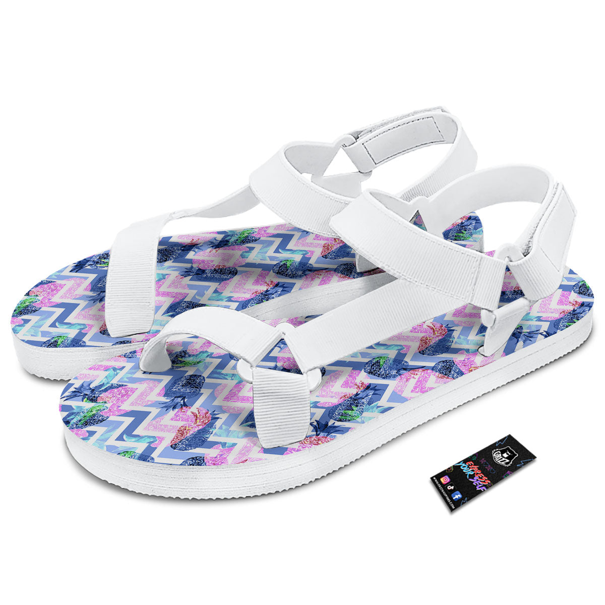 Zig Zag Pineapple Purple Print Pattern White Open Toe Sandals-grizzshop
