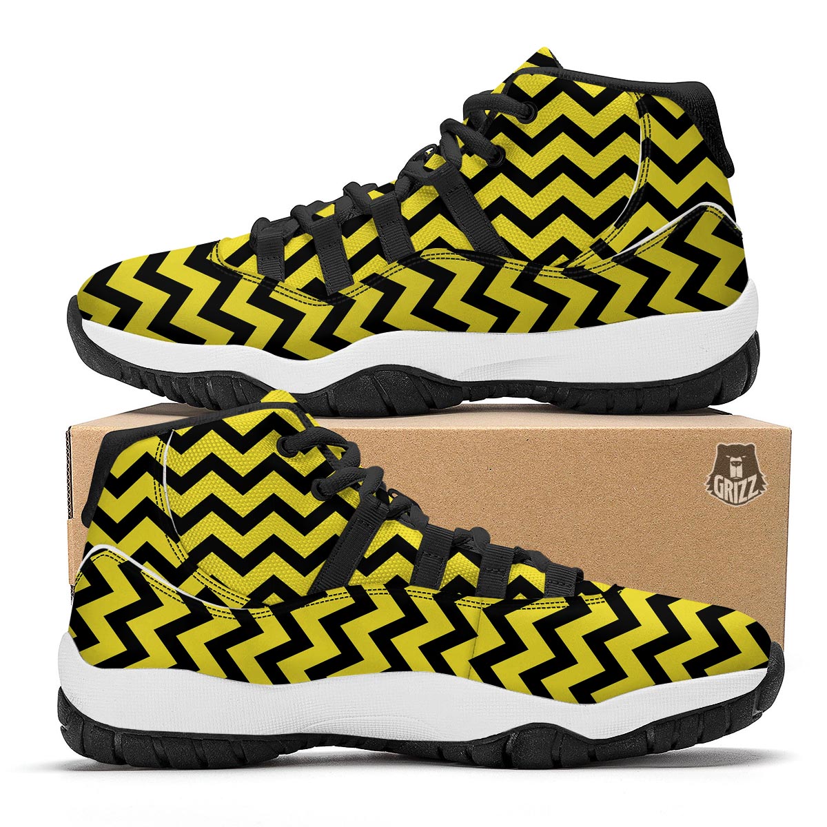 Zig Zag Yellow Pattern Print Black Bball Shoes-grizzshop