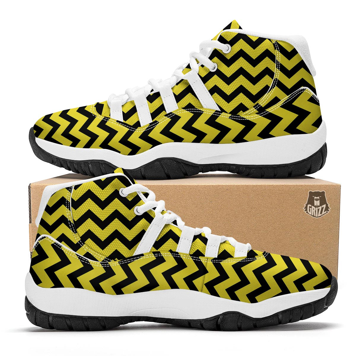 Zig Zag Yellow Pattern Print White Bball Shoes-grizzshop