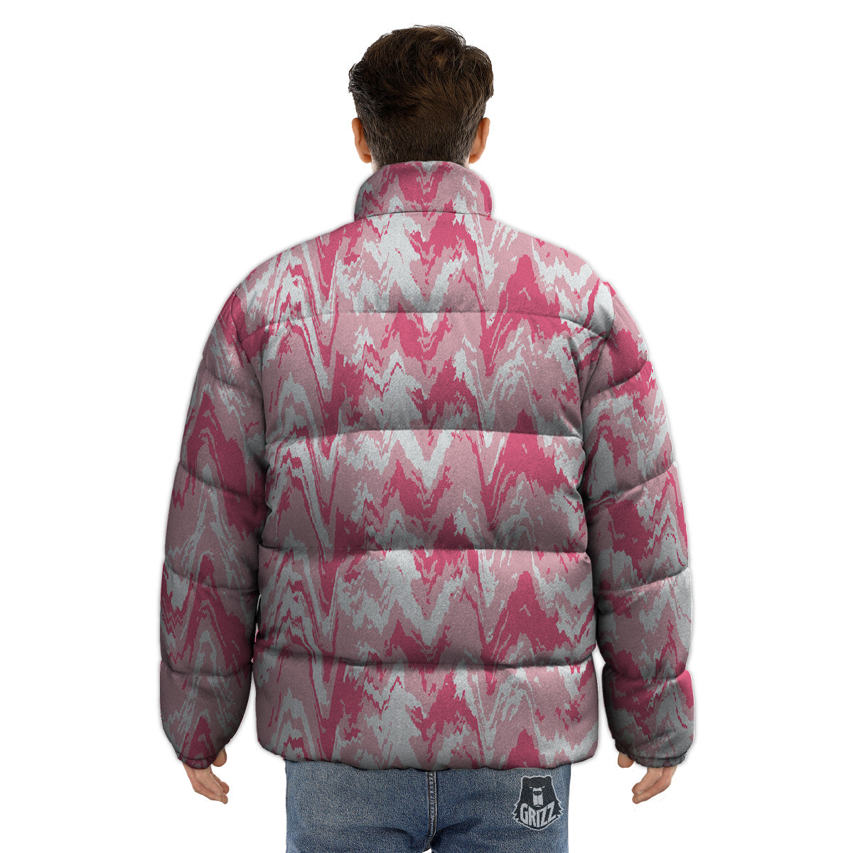 Zigzag Abstract Stripes Pink Print Pattern Puffer Jacket-grizzshop