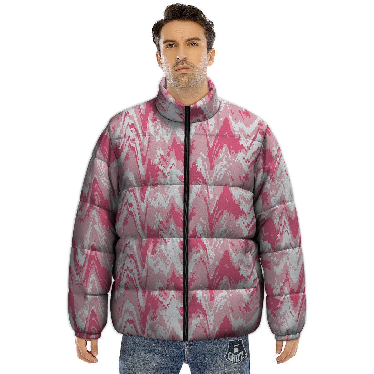 Zigzag Abstract Stripes Pink Print Pattern Puffer Jacket-grizzshop