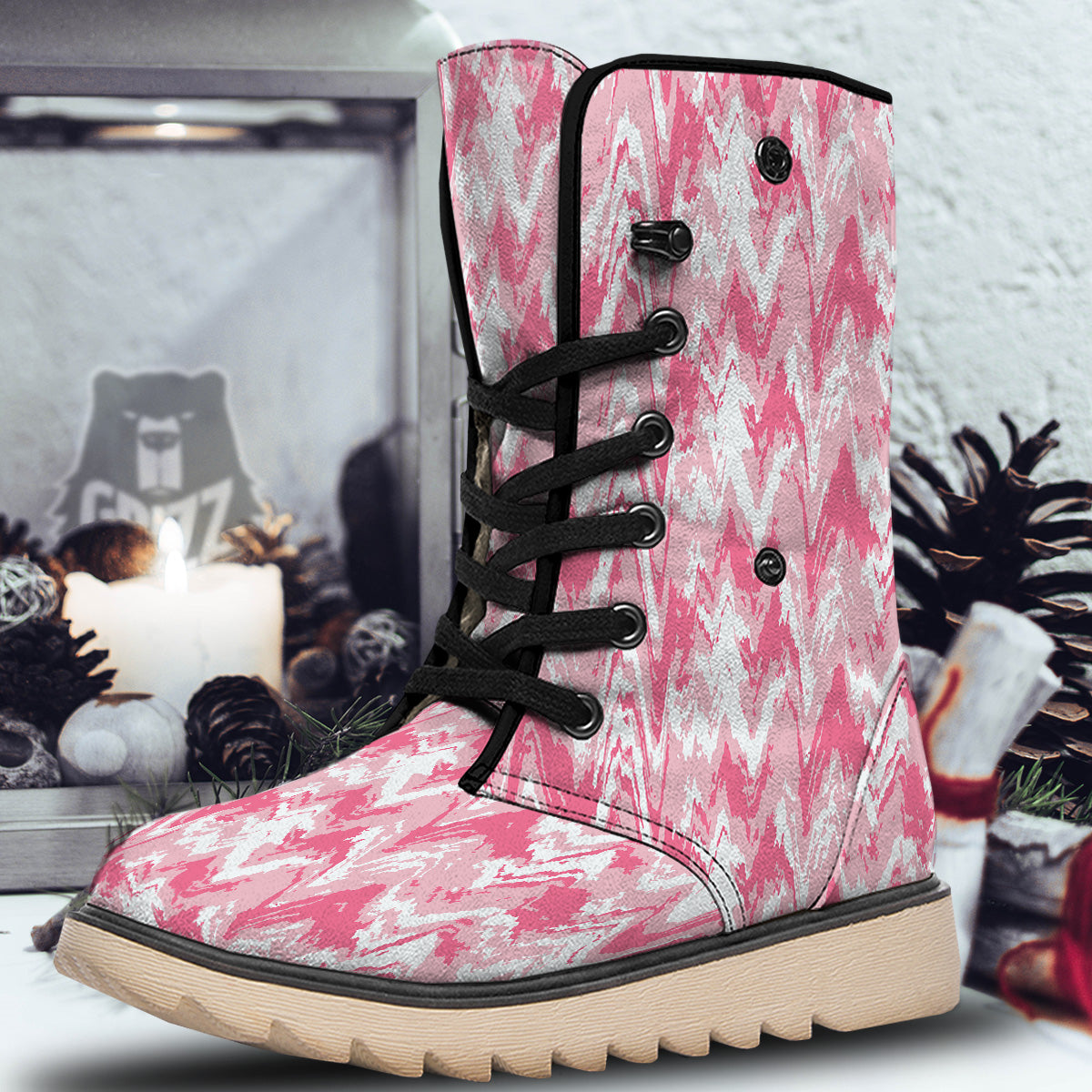 Zigzag Abstract Stripes Pink Print Pattern Snow Boots-grizzshop