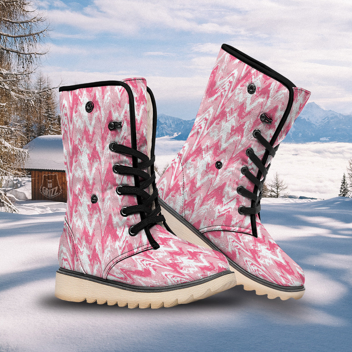 Zigzag Abstract Stripes Pink Print Pattern Snow Boots-grizzshop