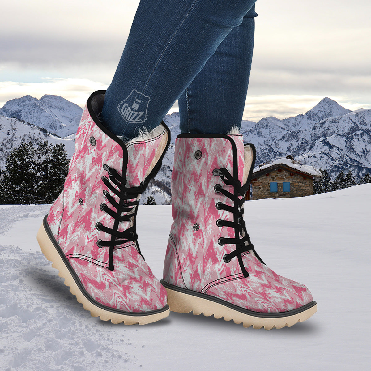 Zigzag Abstract Stripes Pink Print Pattern Snow Boots-grizzshop