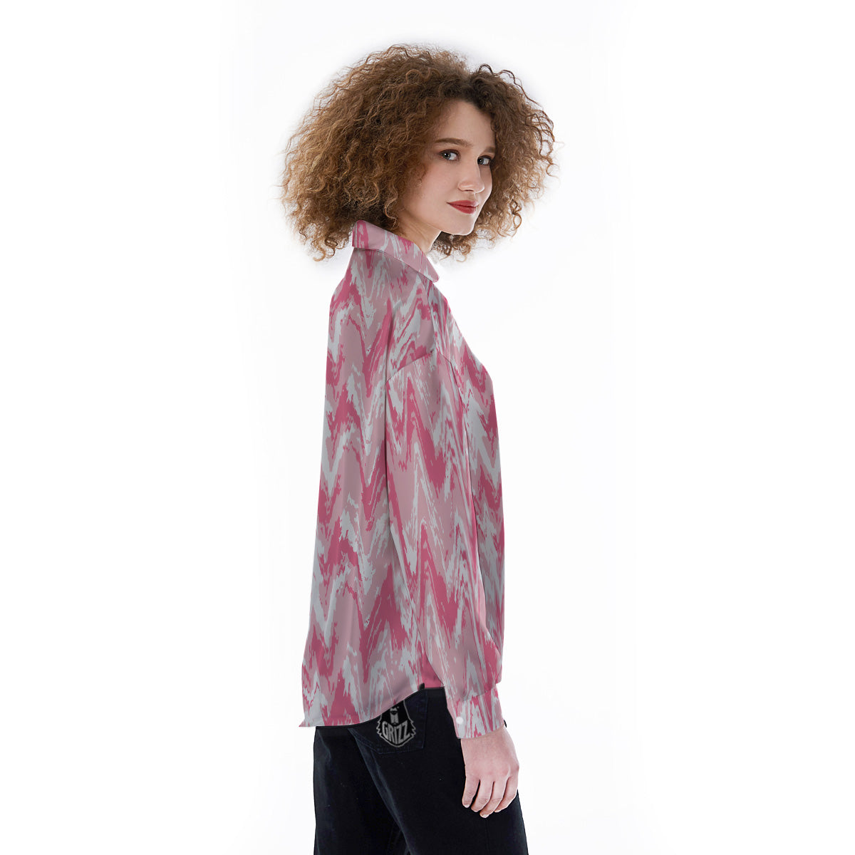 Zigzag Abstract Stripes Pink Print Pattern Women's Long Sleeve Shirts-grizzshop