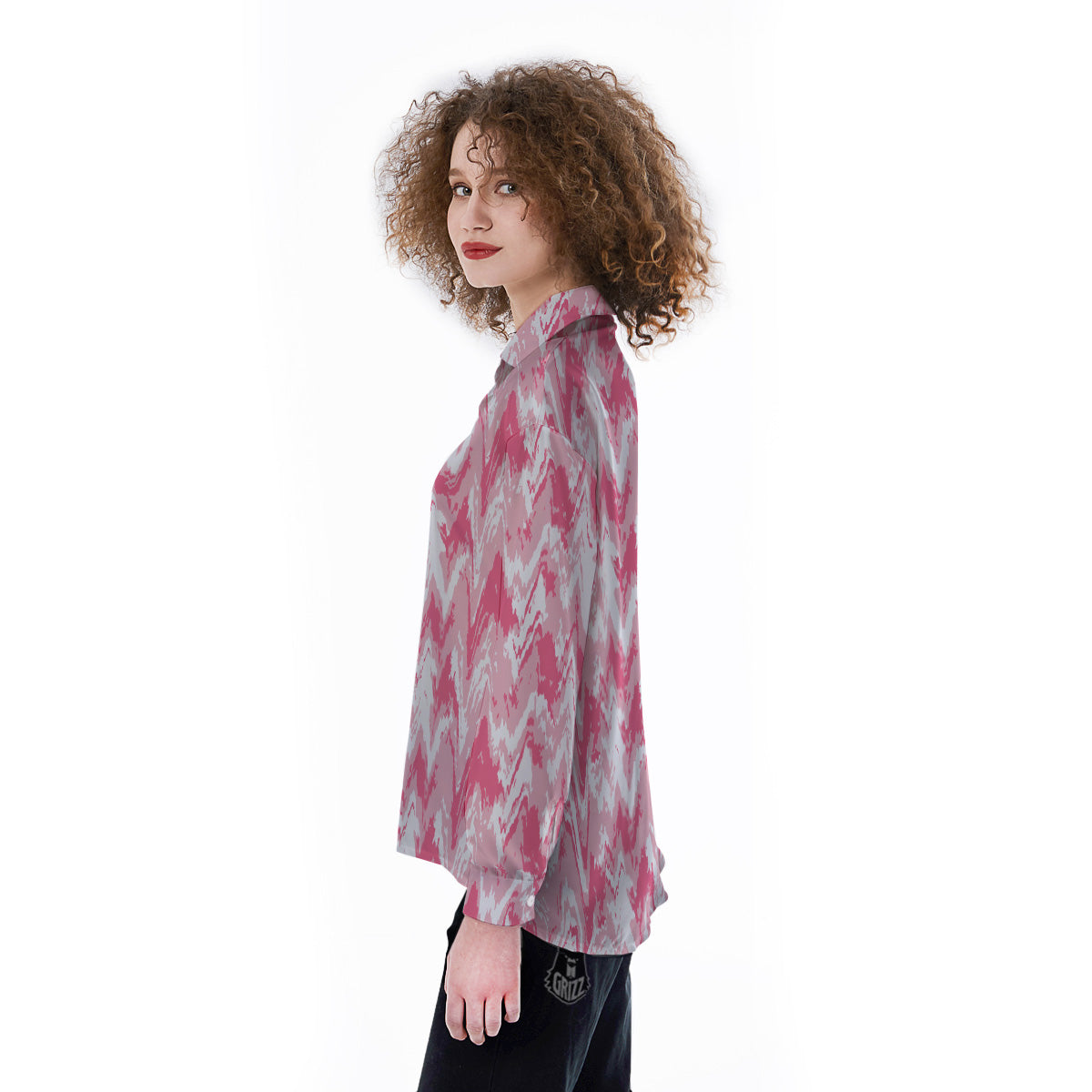 Zigzag Abstract Stripes Pink Print Pattern Women's Long Sleeve Shirts-grizzshop