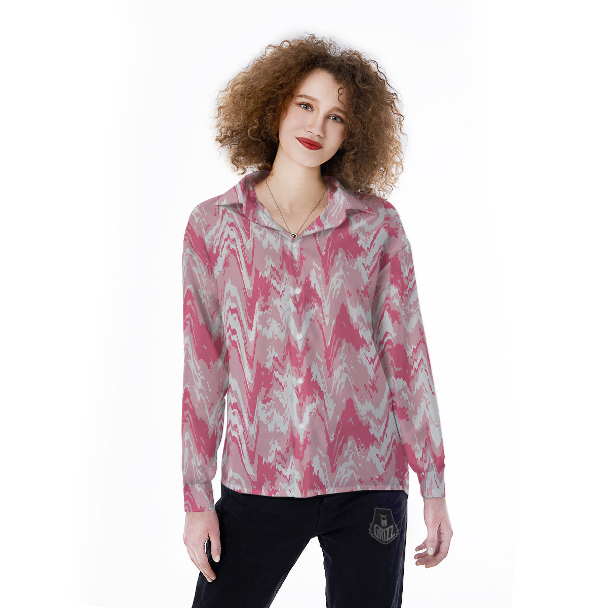 Zigzag Abstract Stripes Pink Print Pattern Women's Long Sleeve Shirts-grizzshop