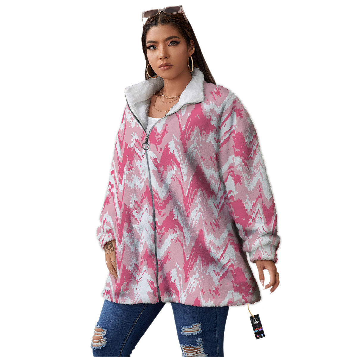 Zigzag Abstract Stripes Pink Print Pattern Women's Sherpa Jacket-grizzshop