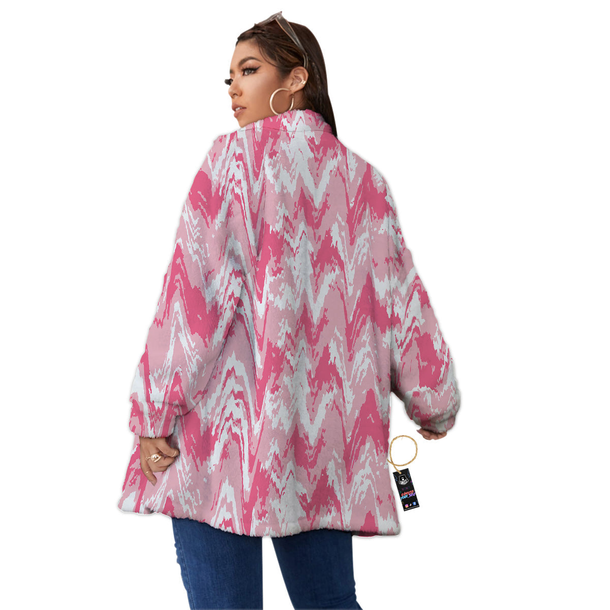 Zigzag Abstract Stripes Pink Print Pattern Women's Sherpa Jacket-grizzshop