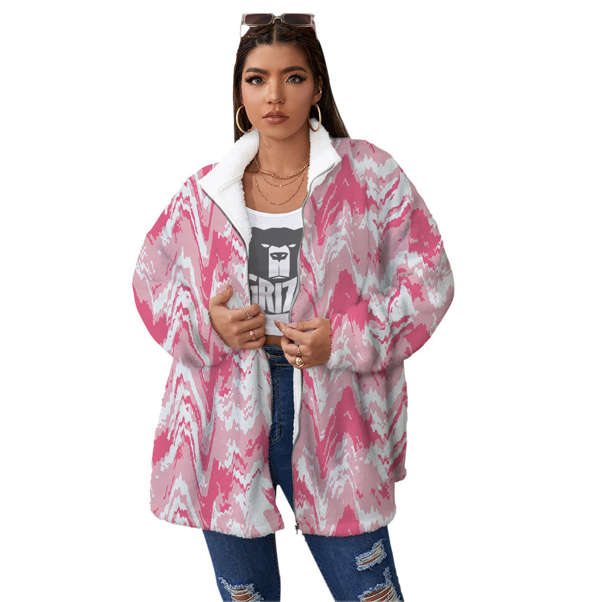 Zigzag Abstract Stripes Pink Print Pattern Women's Sherpa Jacket-grizzshop