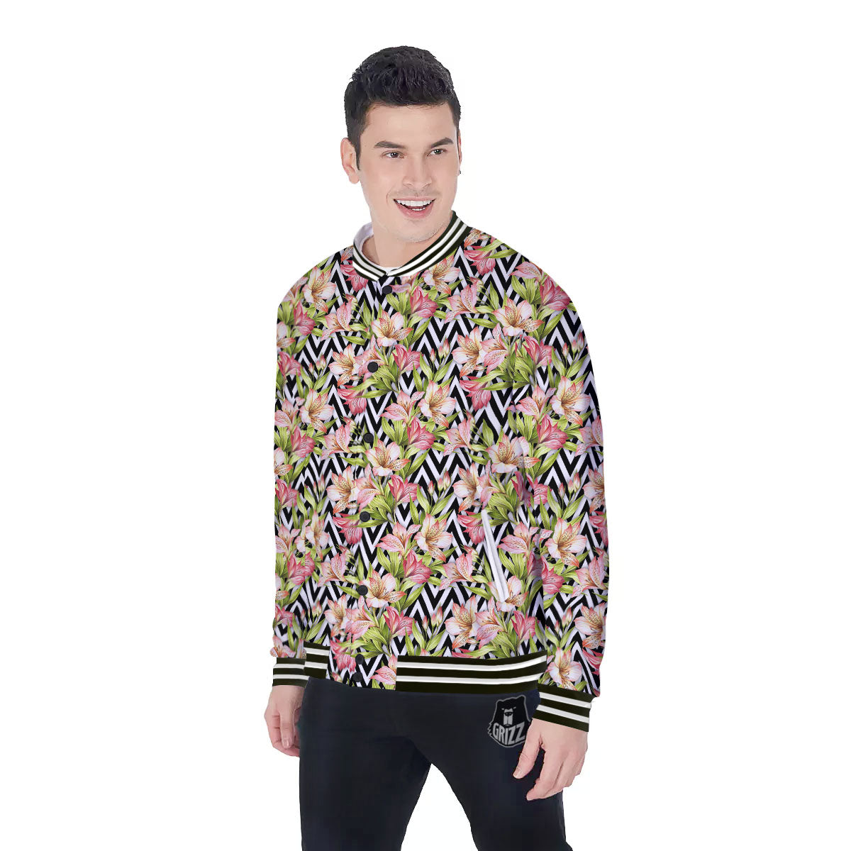 Zigzag Alstroemeria Pastel Print Pattern Baseball Jacket-grizzshop