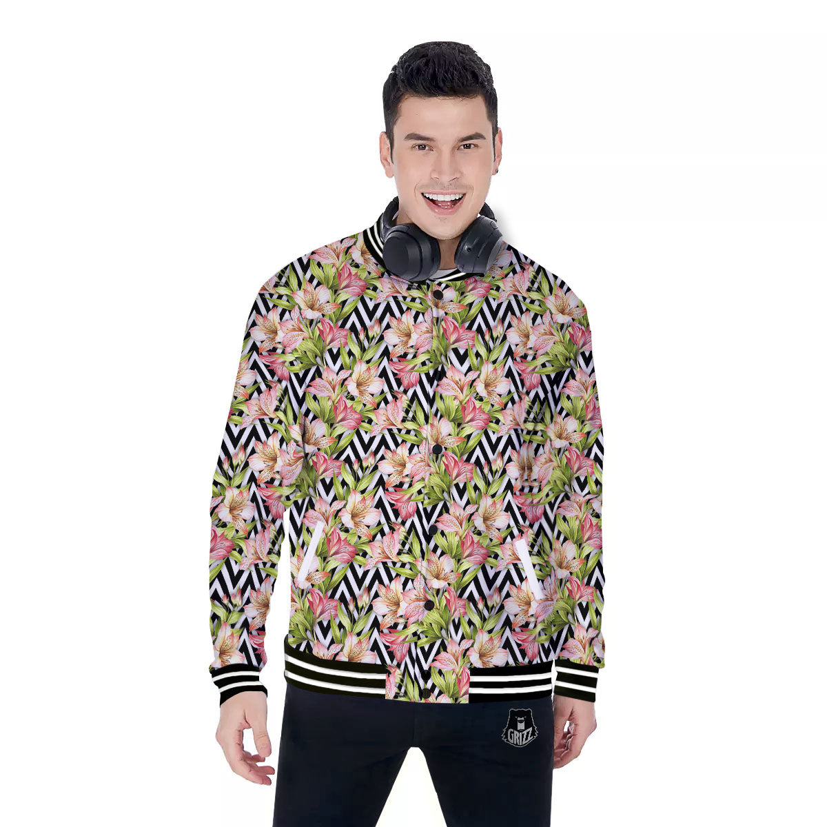 Zigzag Alstroemeria Pastel Print Pattern Baseball Jacket-grizzshop