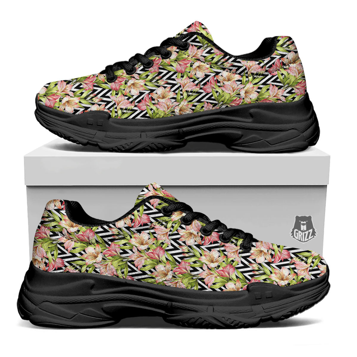 Zigzag Alstroemeria Pastel Print Pattern Black Chunky Shoes-grizzshop