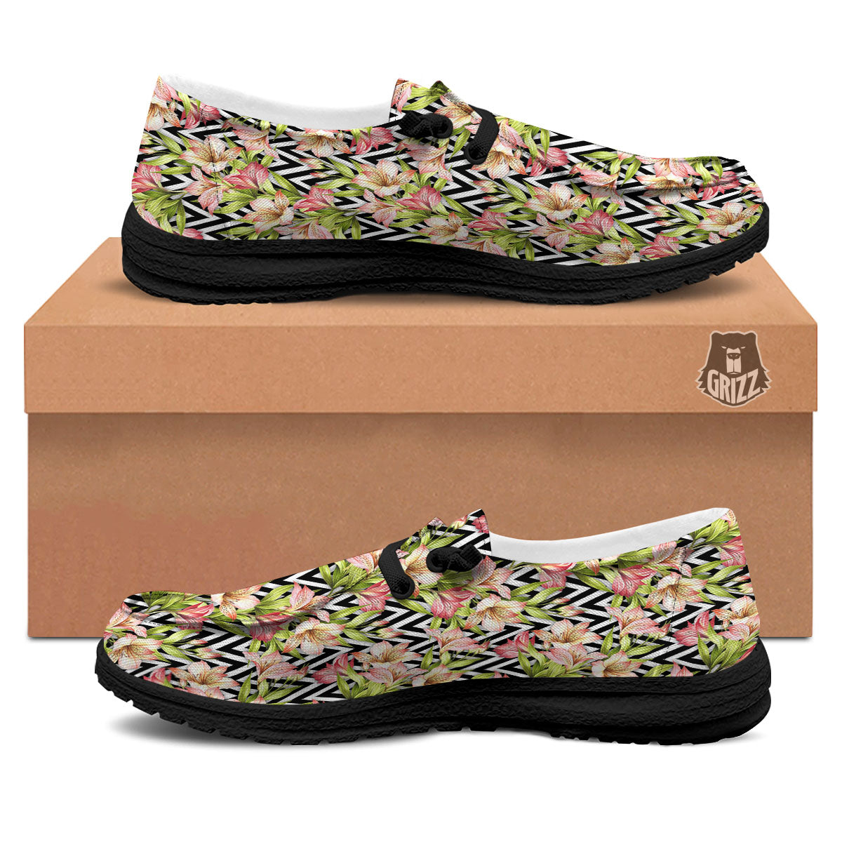 Zigzag Alstroemeria Pastel Print Pattern Black Loafers-grizzshop