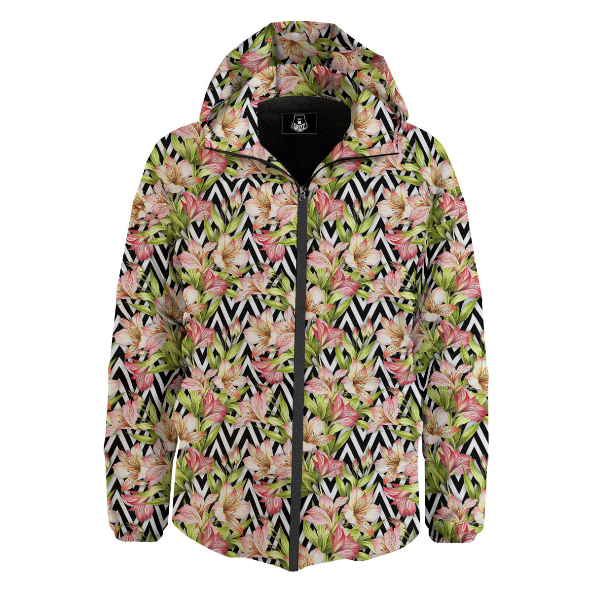Zigzag Alstroemeria Pastel Print Pattern Down Jacket-grizzshop