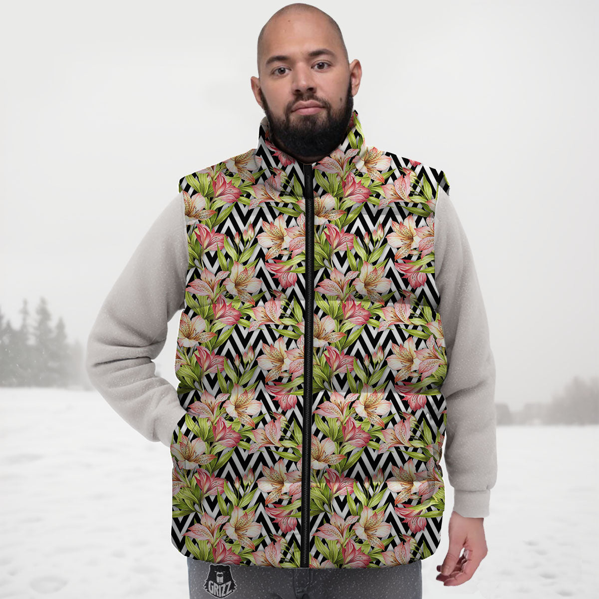 Zigzag Alstroemeria Pastel Print Pattern Down Vest