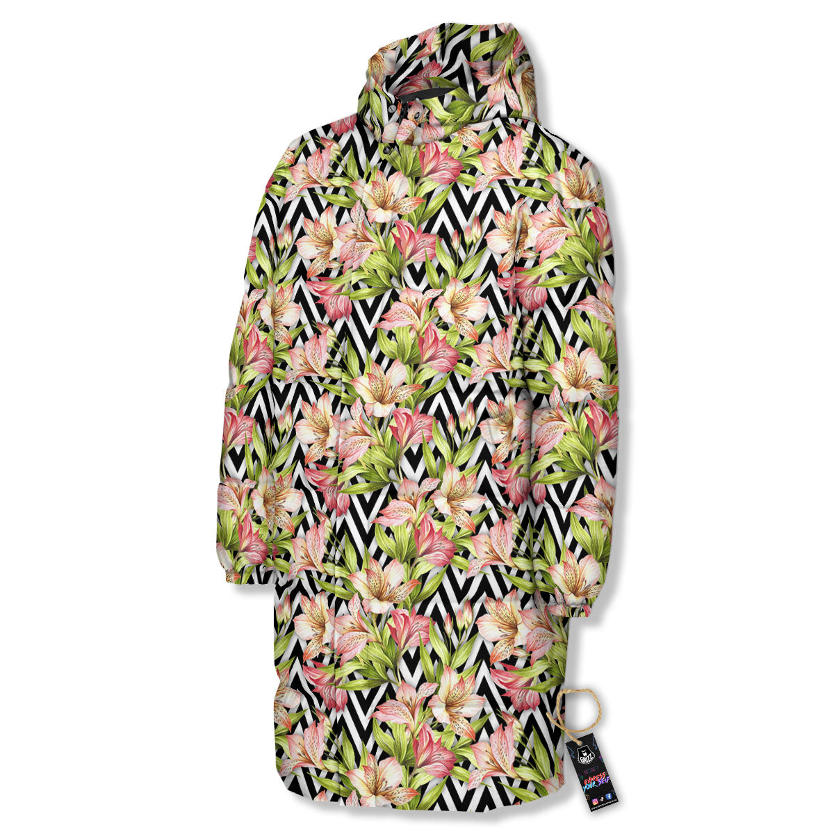 Zigzag Alstroemeria Pastel Print Pattern Long Down Jacket-grizzshop
