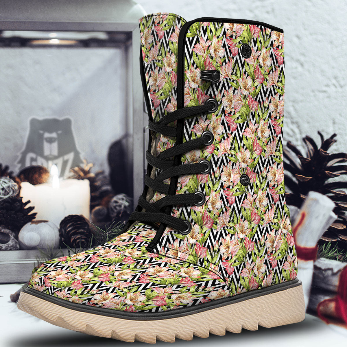 Zigzag Alstroemeria Pastel Print Pattern Snow Boots-grizzshop