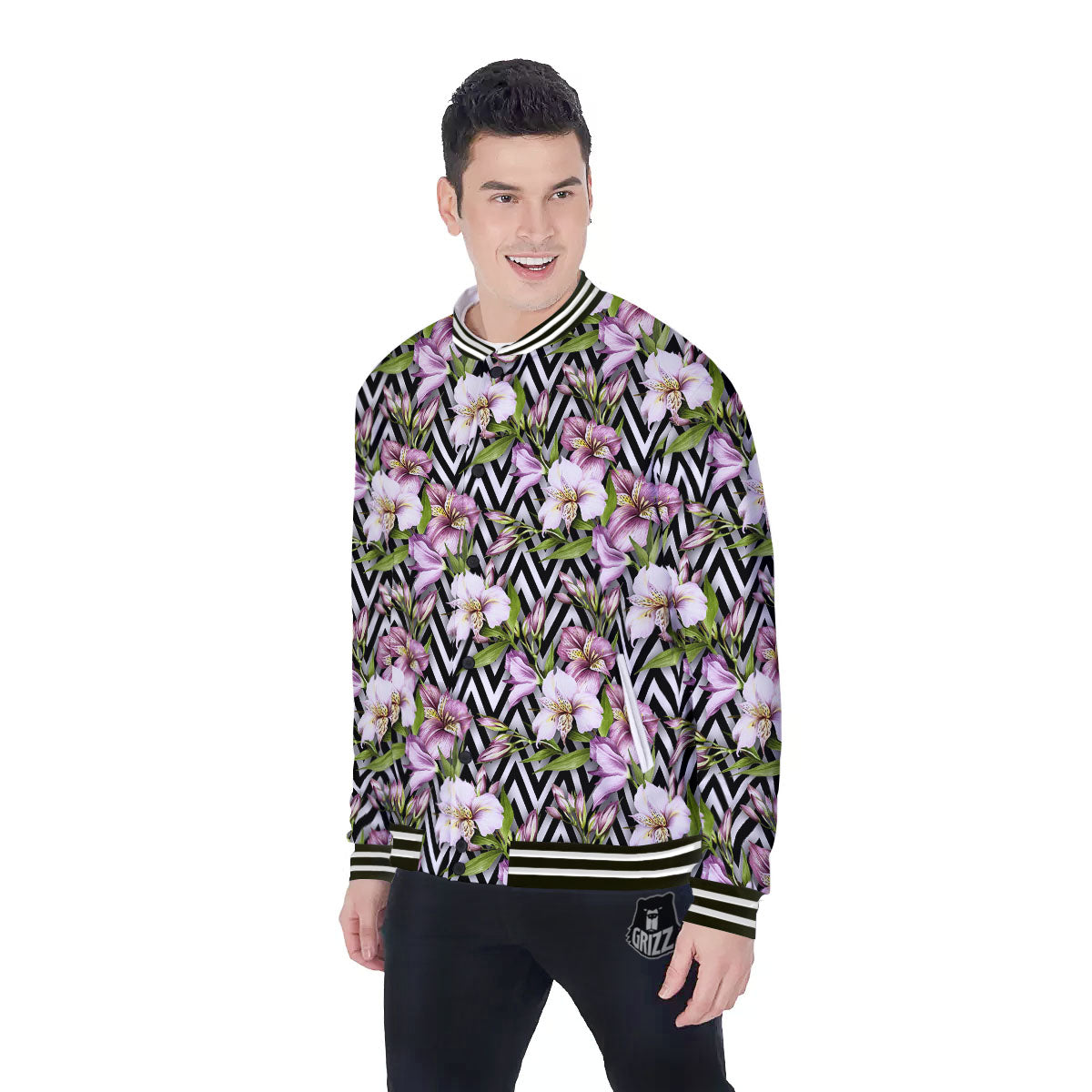 Zigzag Alstroemeria Purple Print Pattern Baseball Jacket-grizzshop