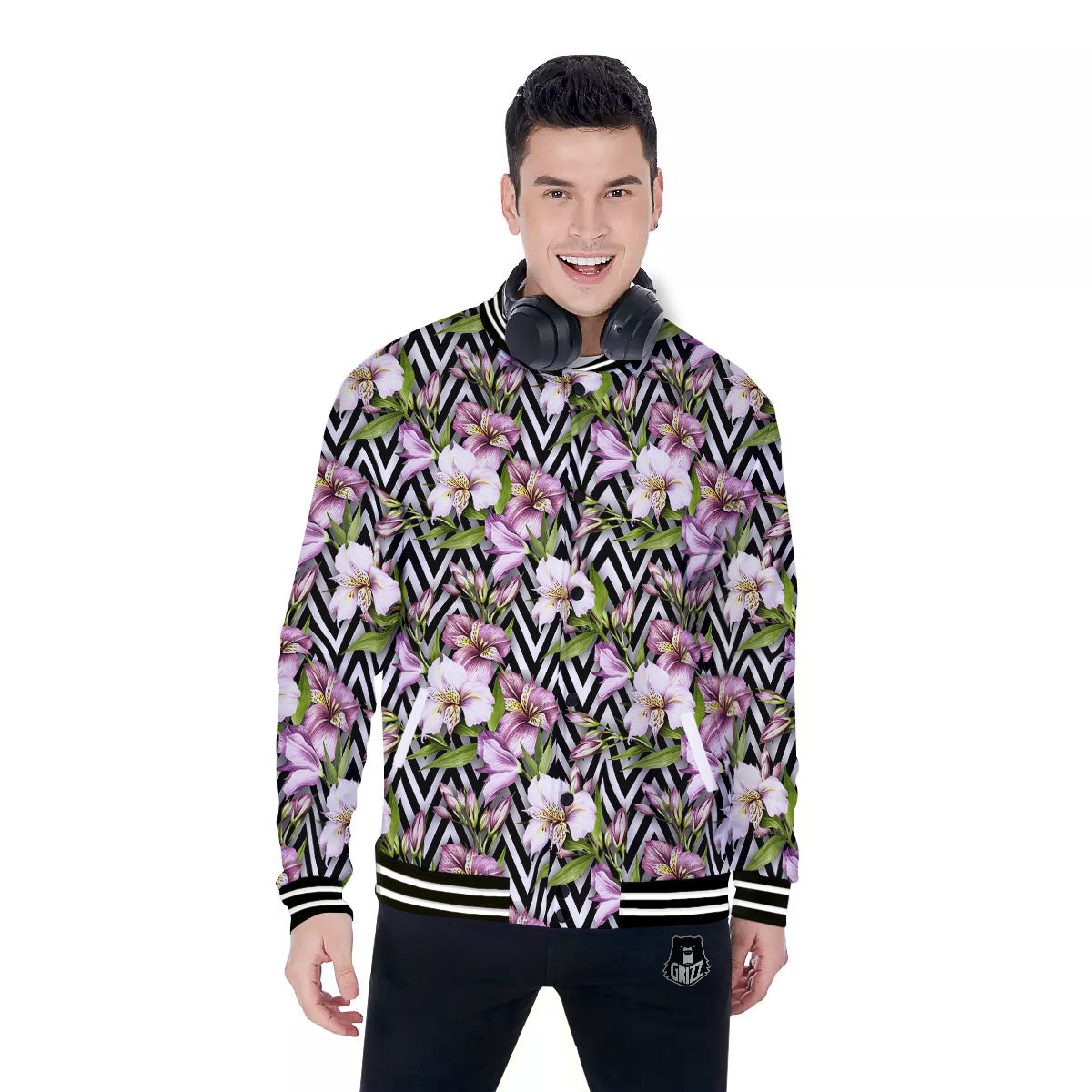Zigzag Alstroemeria Purple Print Pattern Baseball Jacket-grizzshop