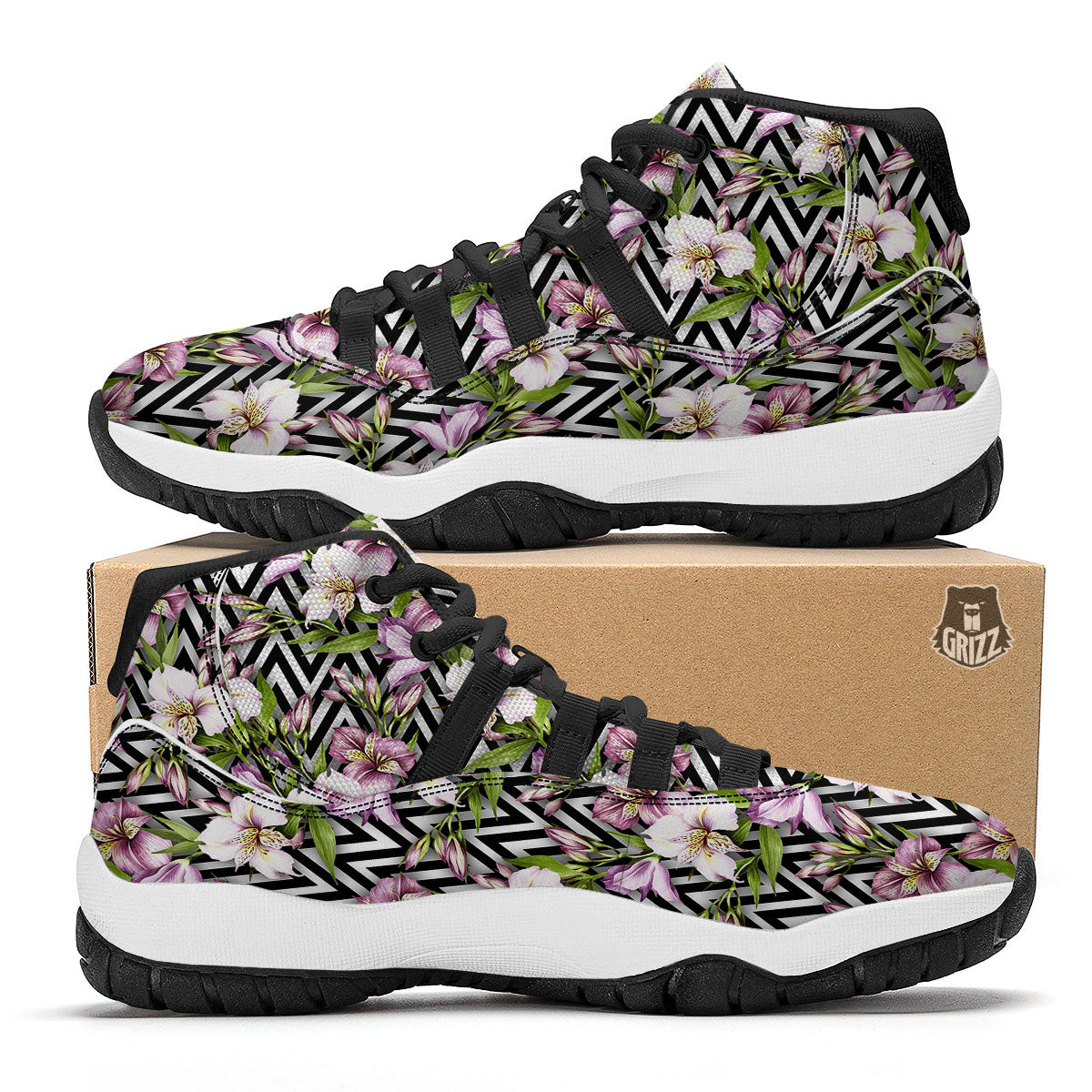 Zigzag Alstroemeria Purple Print Pattern Black Bball Shoes-grizzshop