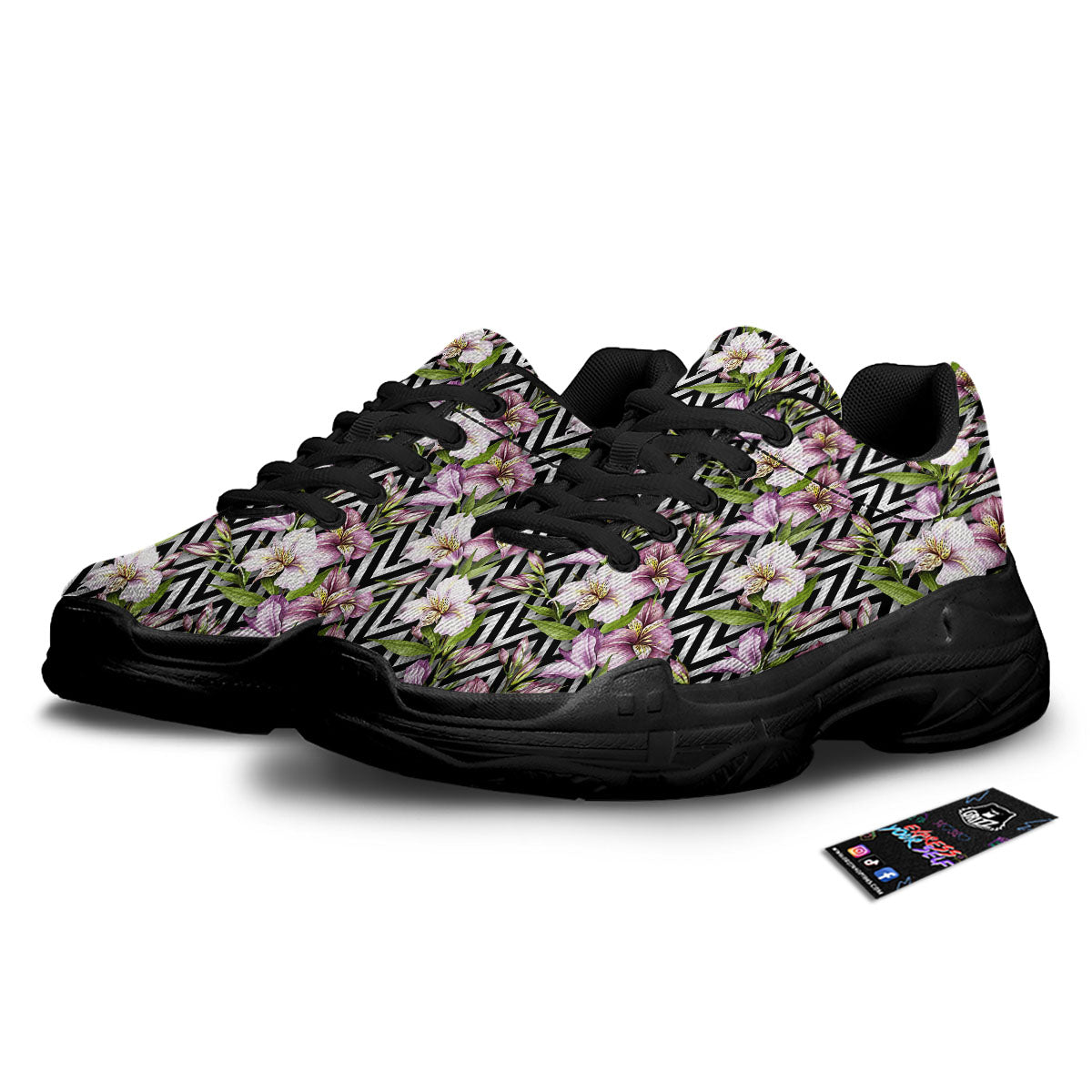 Zigzag Alstroemeria Purple Print Pattern Black Chunky Shoes-grizzshop