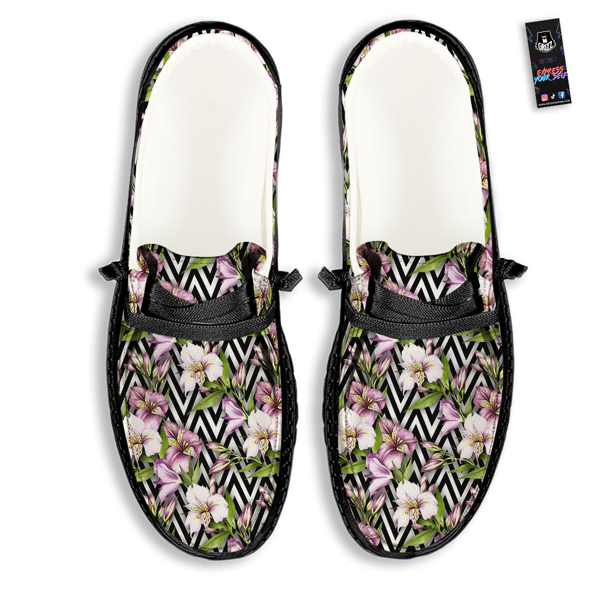 Zigzag Alstroemeria Purple Print Pattern Black Loafers-grizzshop