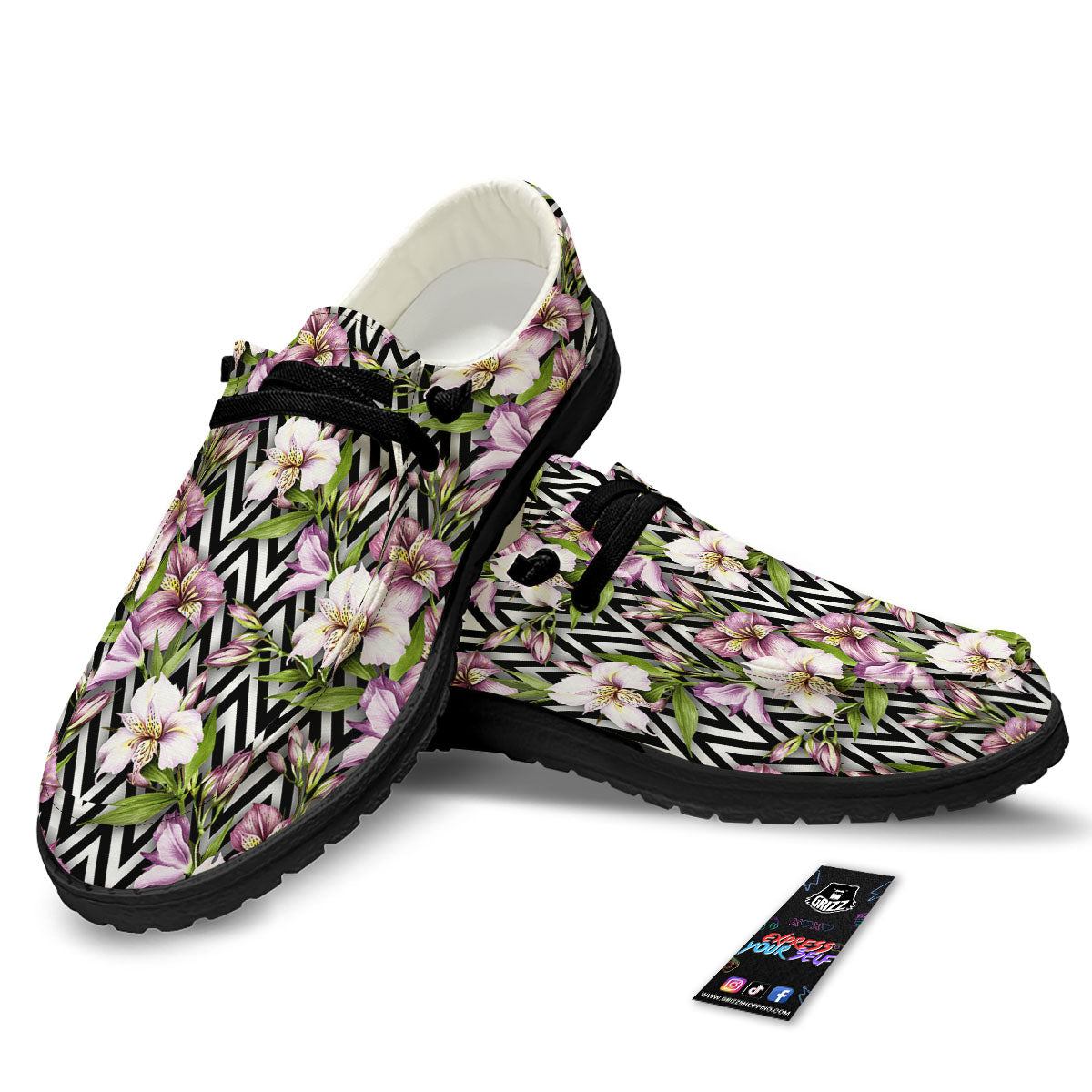 Zigzag Alstroemeria Purple Print Pattern Black Loafers-grizzshop