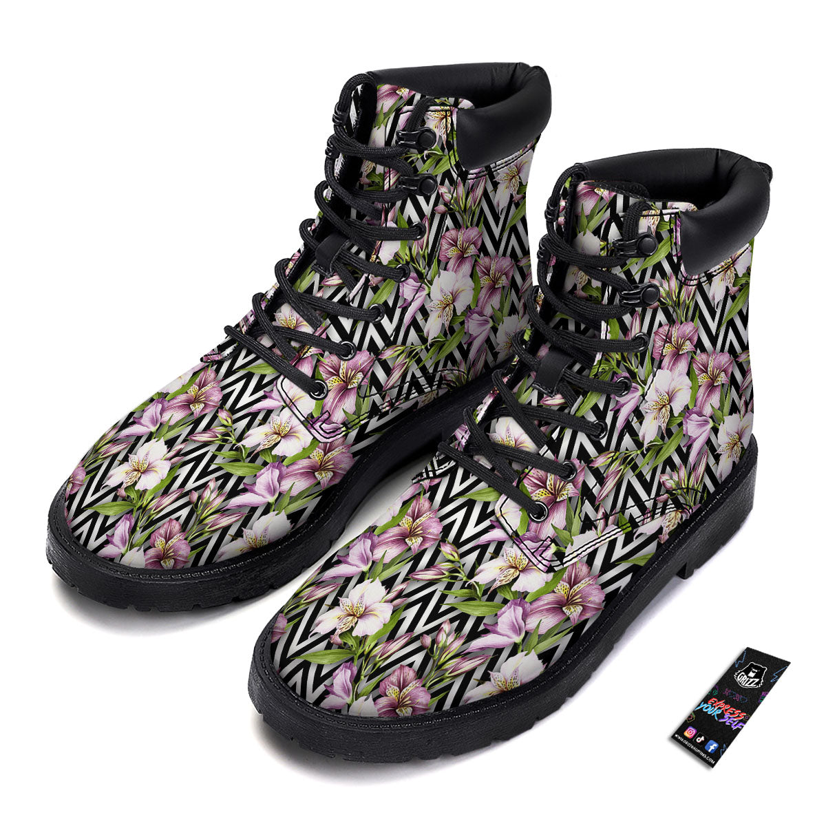 Zigzag Alstroemeria Purple Print Pattern Boots-grizzshop