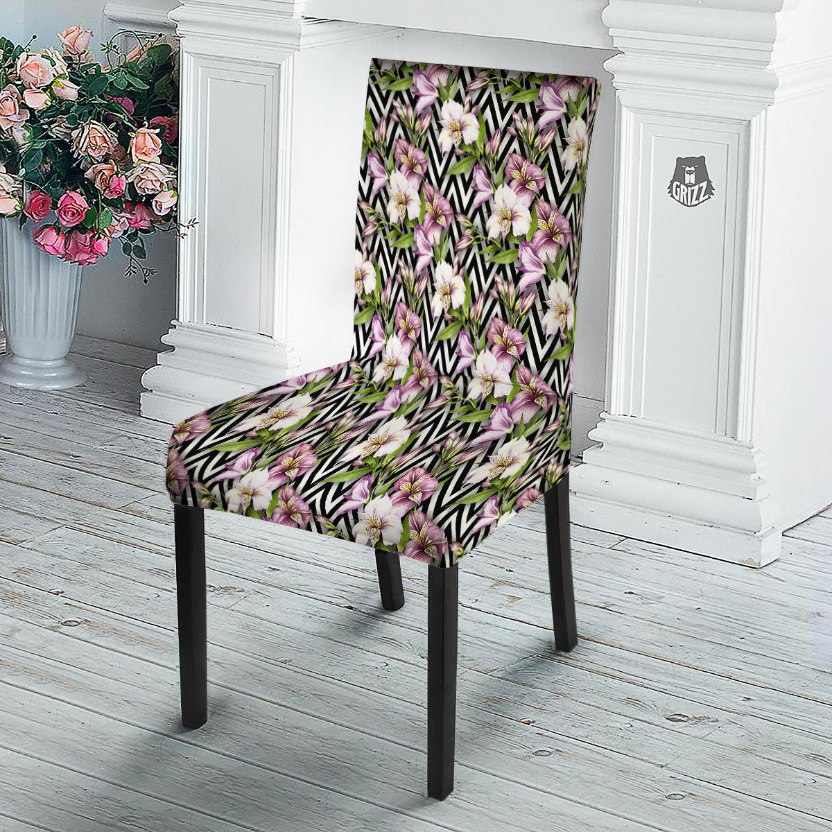 Zigzag Alstroemeria Purple Print Pattern Dining Chair Slipcover-grizzshop