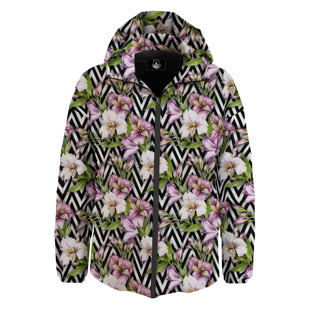 Zigzag Alstroemeria Purple Print Pattern Down Jacket-grizzshop