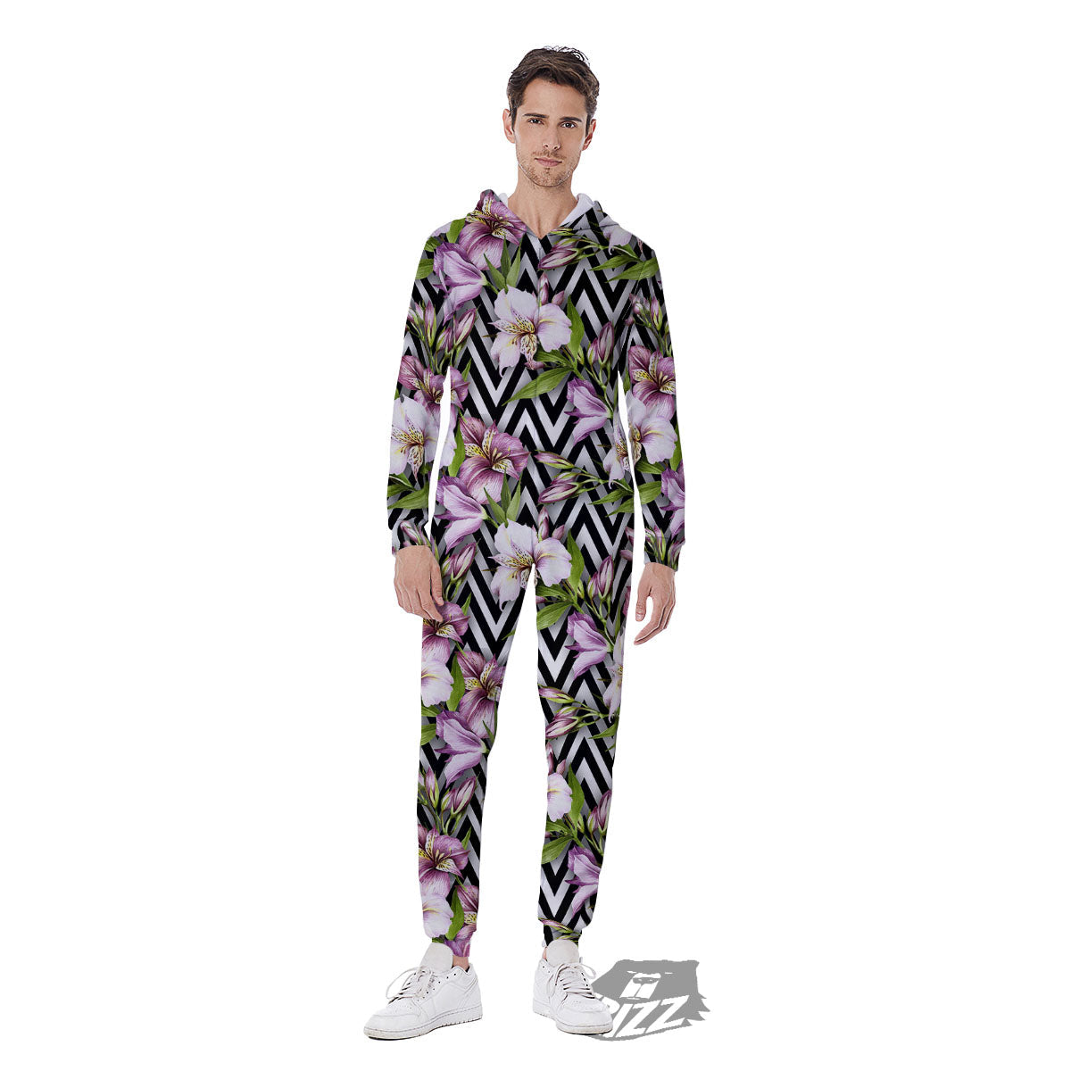 Zigzag Alstroemeria Purple Print Pattern Men's Jumpsuit-grizzshop