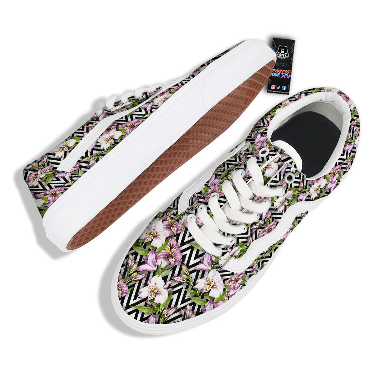 Zigzag Alstroemeria Purple Print Pattern Skate Shoes-grizzshop