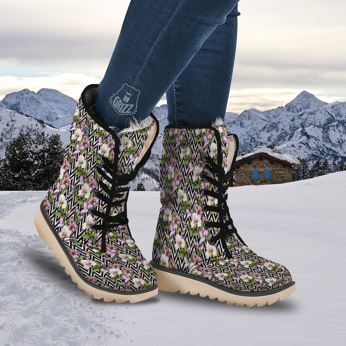 Zigzag Alstroemeria Purple Print Pattern Snow Boots-grizzshop