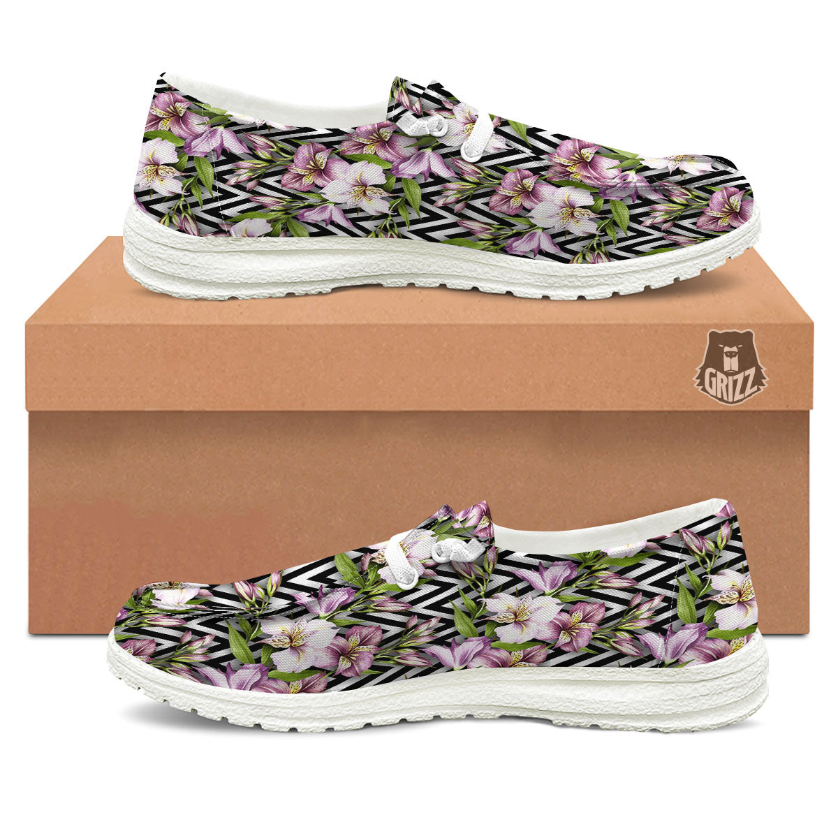 Zigzag Alstroemeria Purple Print Pattern White Loafers-grizzshop